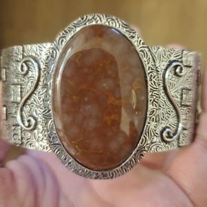 New Oversized Seam Agate 925 Silver Cuff Bracelet.